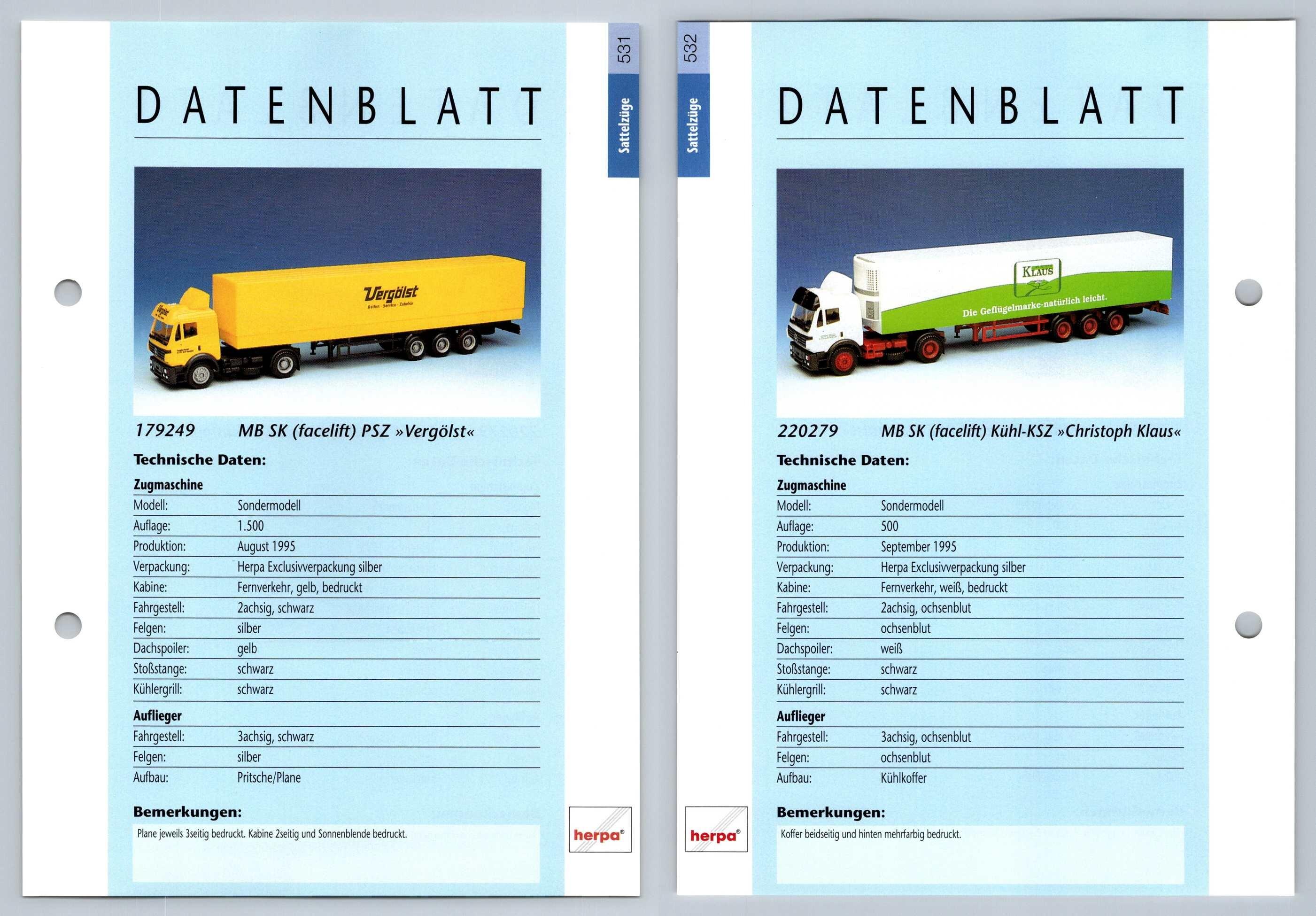 MB SK Facelift PSZ / Kuhl KSZ #531/2 Sattelzuge - Herpa Data Sheet-Breakoutcards