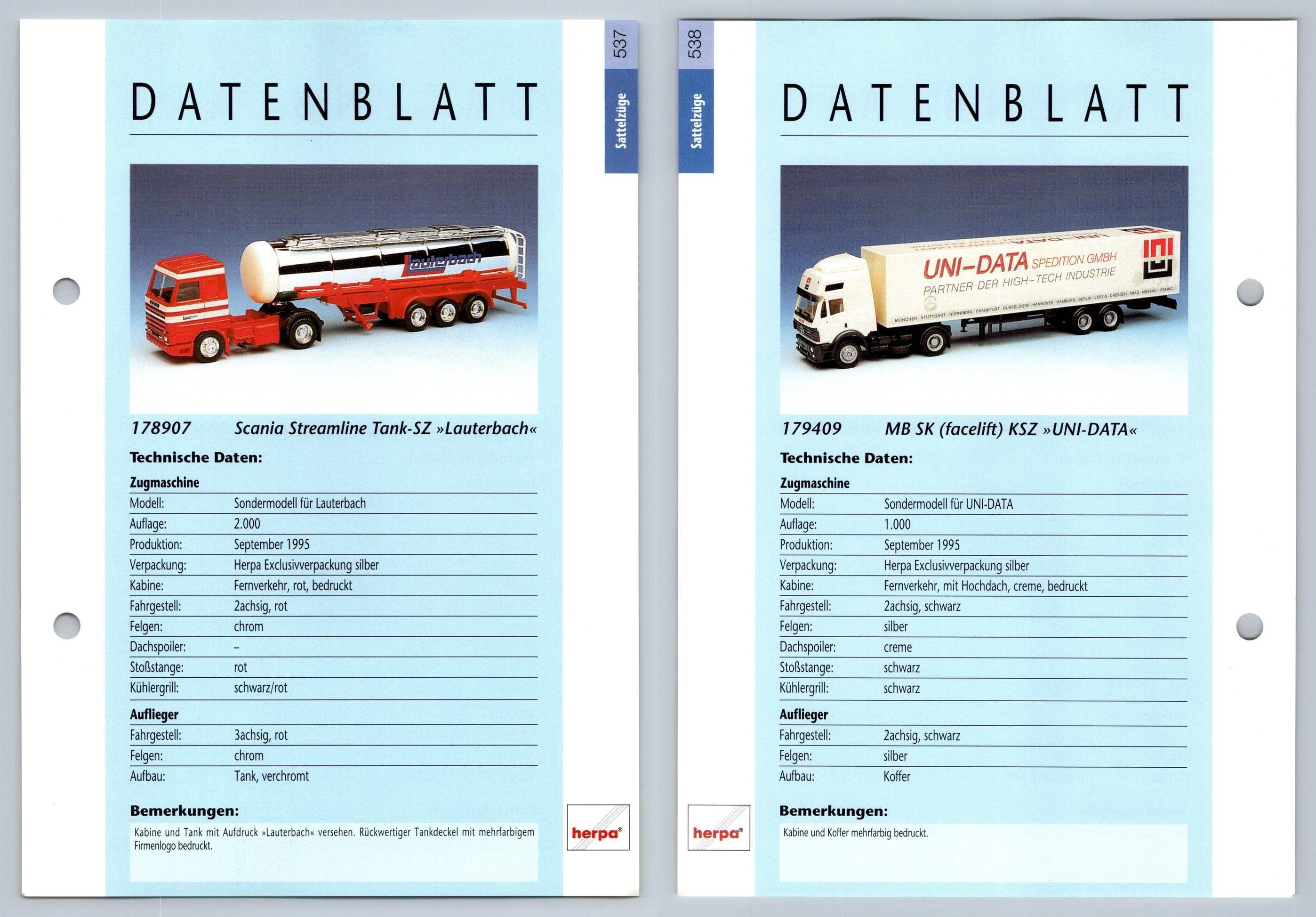 Scania Streamline Tank / MB SK Facelift KSZ #537/8 Sattelzuge - Herpa Data Sheet-Breakoutcards