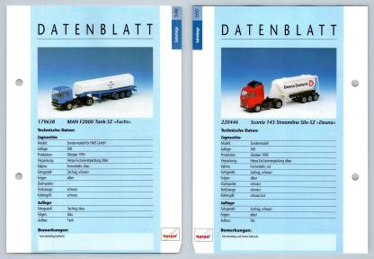 MAN F2000 Tank / Scania 143 SIlo #549/550 Sattelzuge - Herpa Data Sheet-Breakoutcards