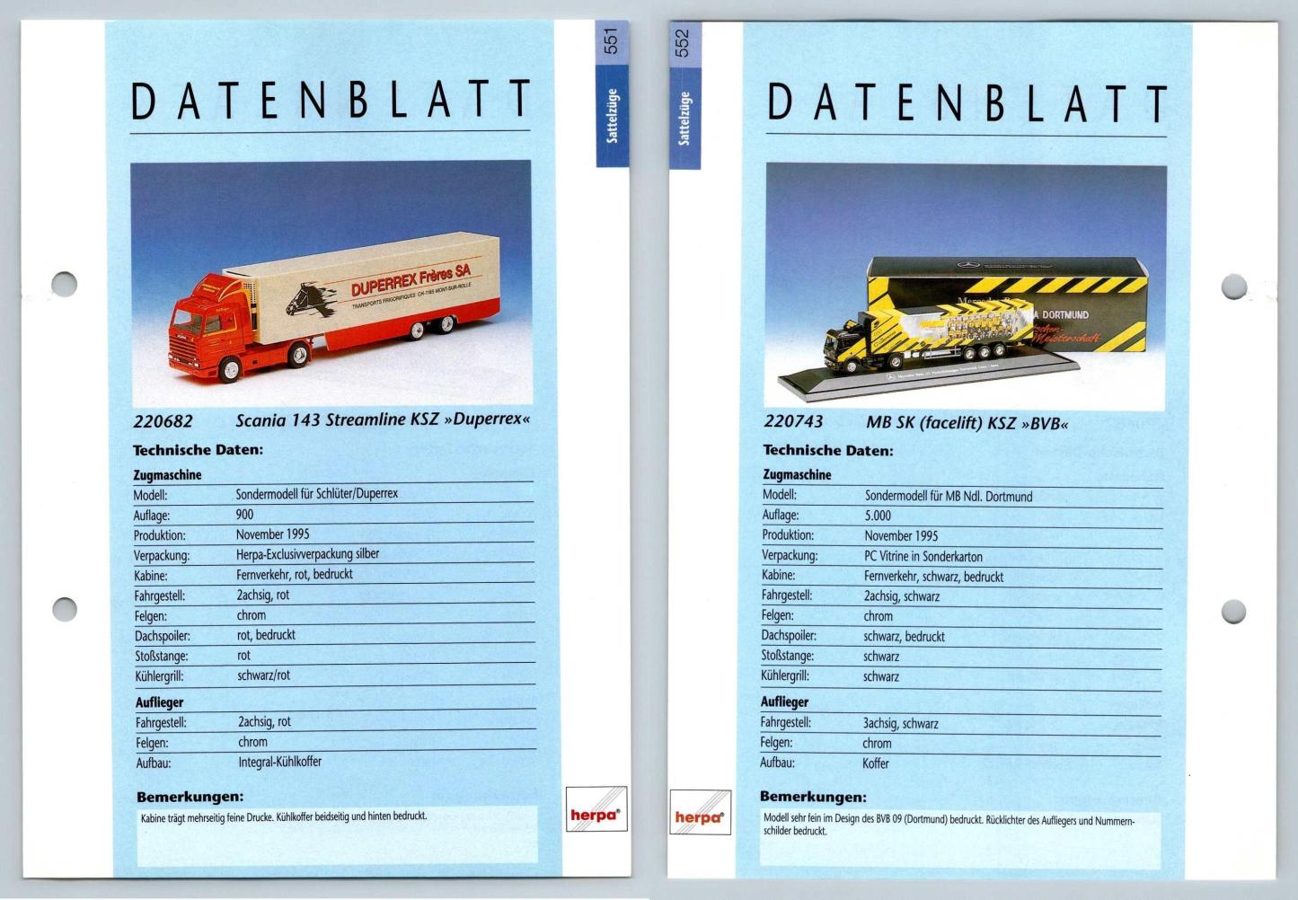 Scania 143 Streamline / MB SK Facelift #551/2 Sattelzuge - Herpa Data Sheet-Breakoutcards