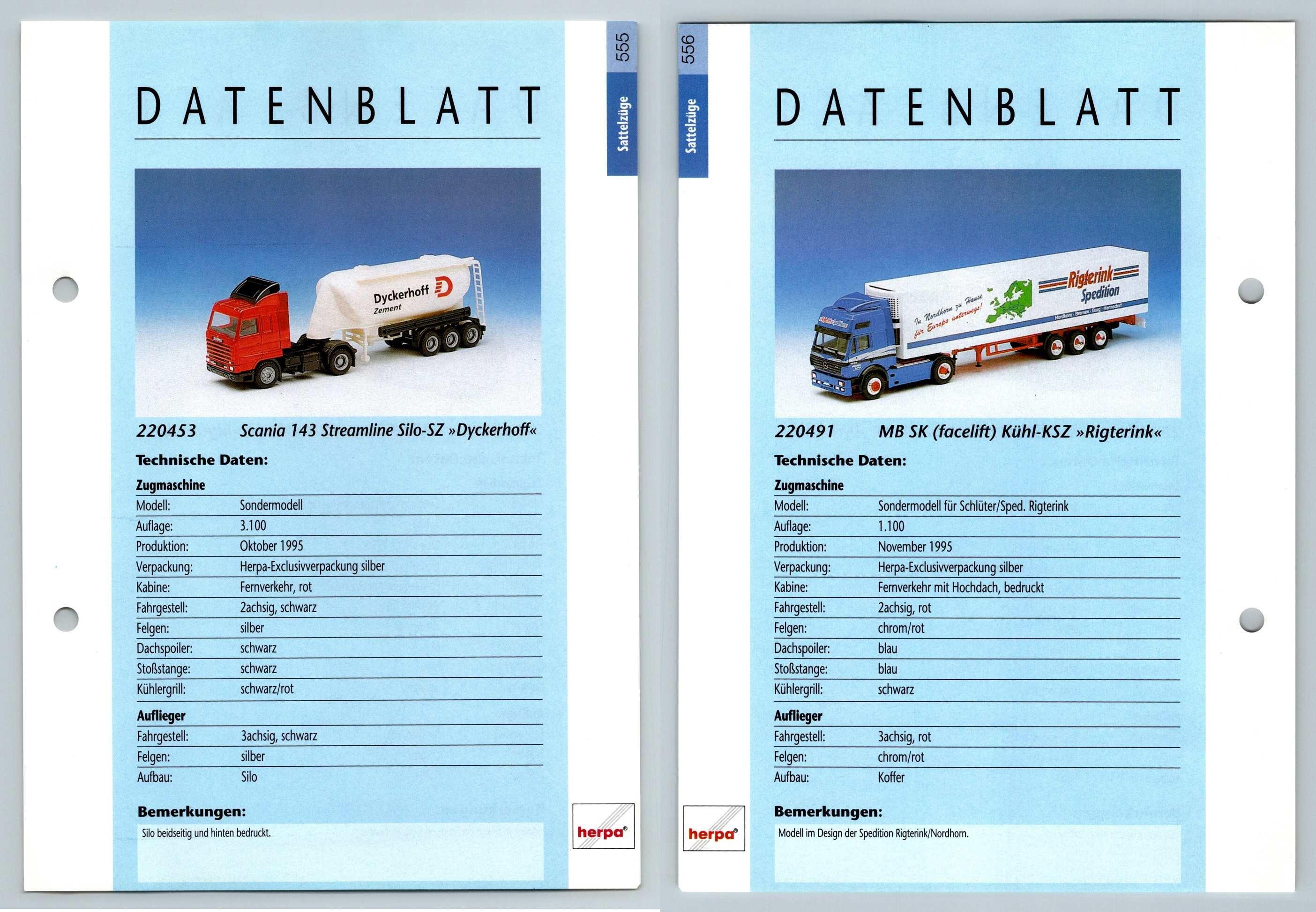 Scania 143 Silo / MB SK Facelift #555/6 Sattelzuge - Herpa Data Sheet-Breakoutcards