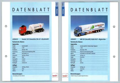 Scania 143 Silo / MB SK Facelift #555/6 Sattelzuge - Herpa Data Sheet-Breakoutcards