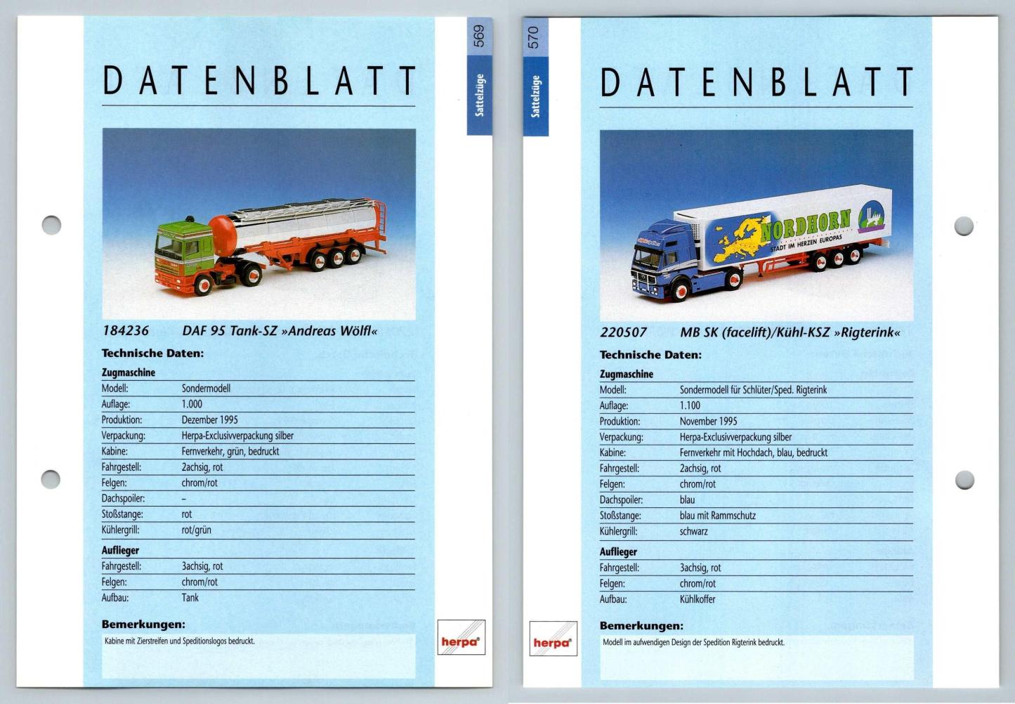 DAF 95 Tank / MB SK Facelift #569/70 Sattelzuge - Herpa Data Sheet-Breakoutcards