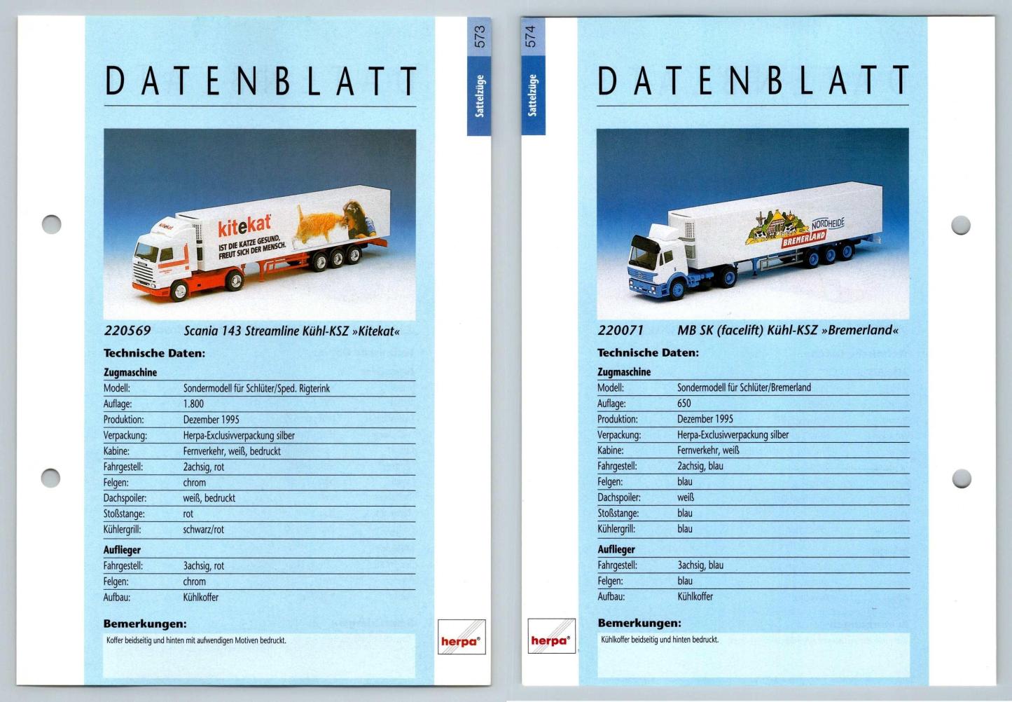 Scania 143 Streamline Kuhl / MB SK Facelift #573/4 Sattelzuge - Herpa Data Sheet-Breakoutcards