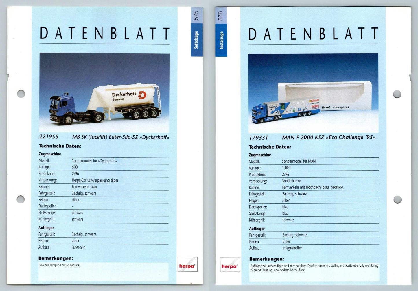 MB SK Euter Silo / MAN F2000 #575/6 Sattelzuge - Herpa Data Sheet-Breakoutcards
