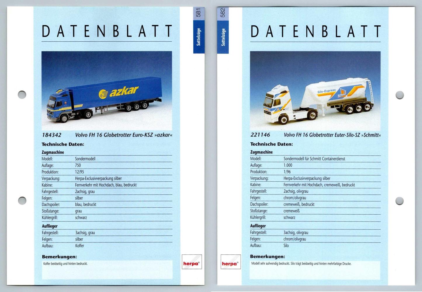 Volvo FH 16 Globetrotter / Silo #581/2 Sattelzuge - Herpa Data Sheet-Breakoutcards