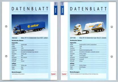 Volvo FH 16 Globetrotter / Silo #581/2 Sattelzuge - Herpa Data Sheet-Breakoutcards