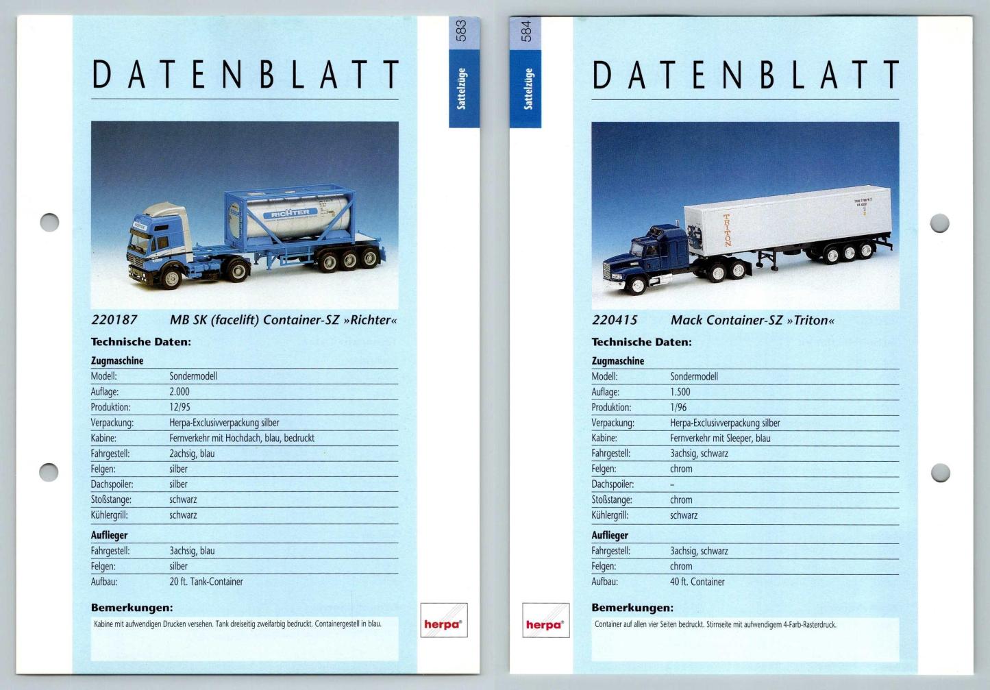 MB SK Facelift / Mack Container #583/4 Sattelzuge - Herpa Data Sheet-Breakoutcards