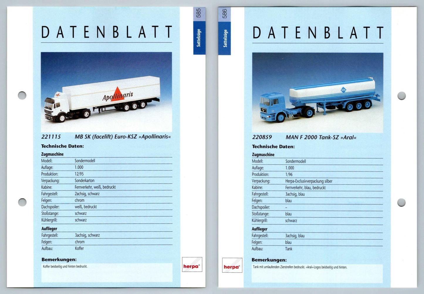 MB SK Euro / MAN F2000 Tank #585/6 Sattelzuge - Herpa Data Sheet-Breakoutcards