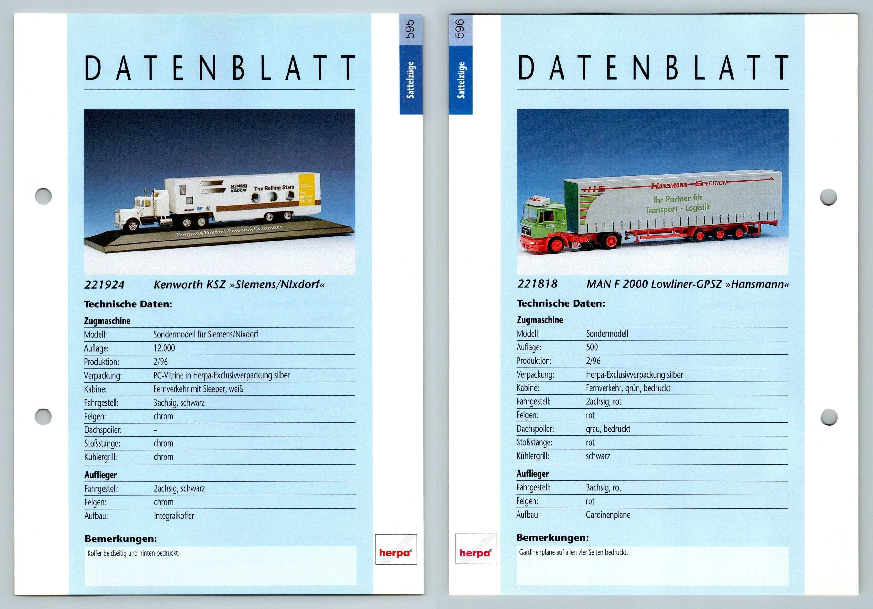 Kenworth KSZ / MAN F2000 Lowliner #595/6 Sattelzuge - Herpa Data Sheet-Breakoutcards