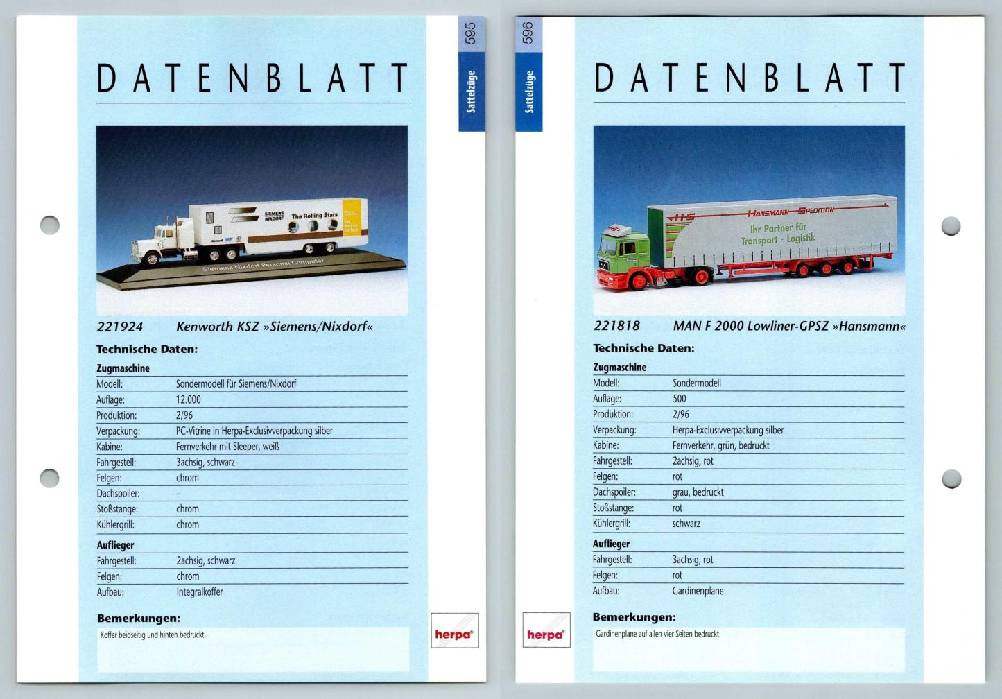 Kenworth KSZ / MAN F2000 Lowliner #595/6 Sattelzuge - Herpa Data Sheet-Breakoutcards