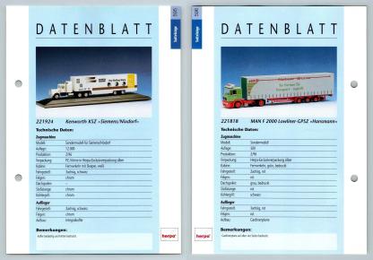 Kenworth KSZ / MAN F2000 Lowliner #595/6 Sattelzuge - Herpa Data Sheet-Breakoutcards