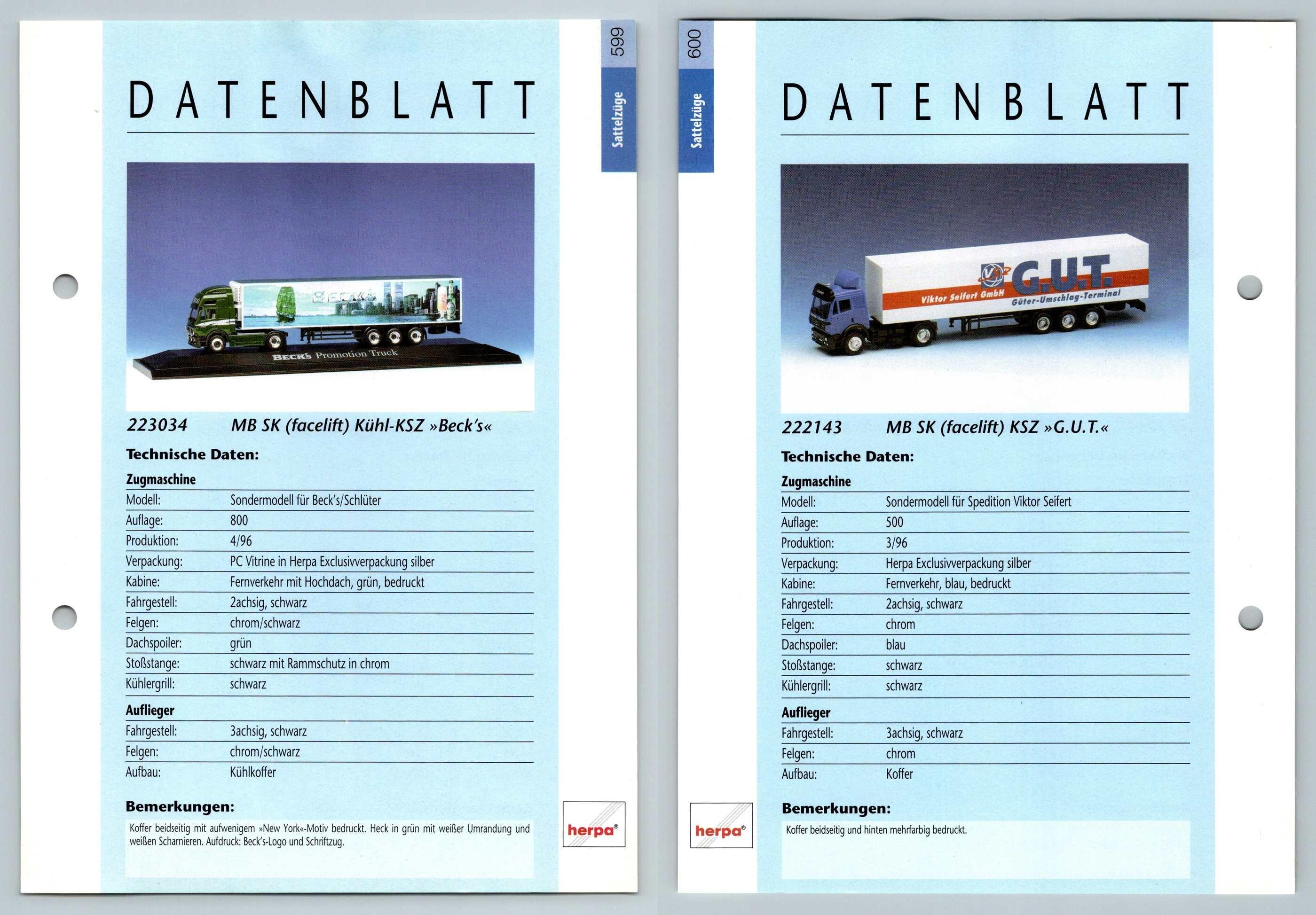 MB SK Facelift Kuhl /KSZ #599/600 Sattelzuge - Herpa Data Sheet-Breakoutcards