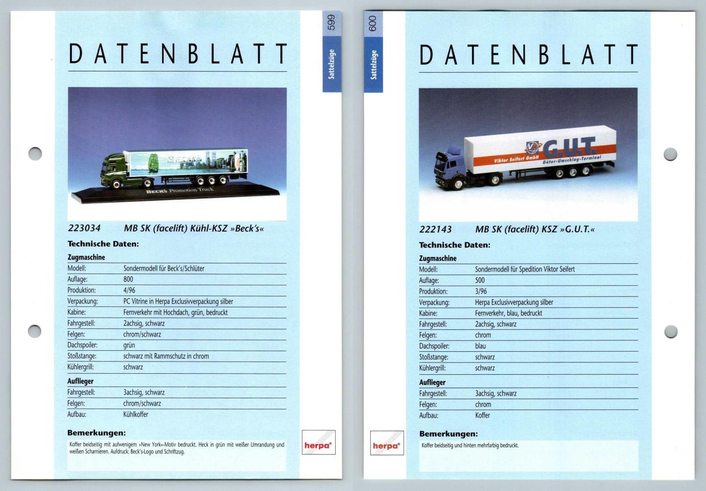 MB SK Facelift Kuhl /KSZ #599/600 Sattelzuge - Herpa Data Sheet-Breakoutcards
