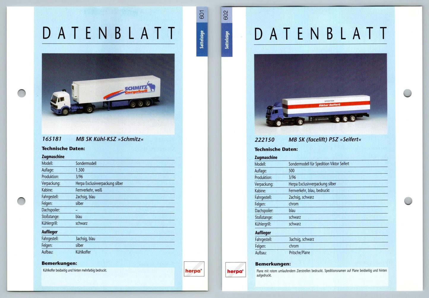 MB SK Kuhl / Facelift PSZ #601/2 Sattelzuge - Herpa Data Sheet-Breakoutcards