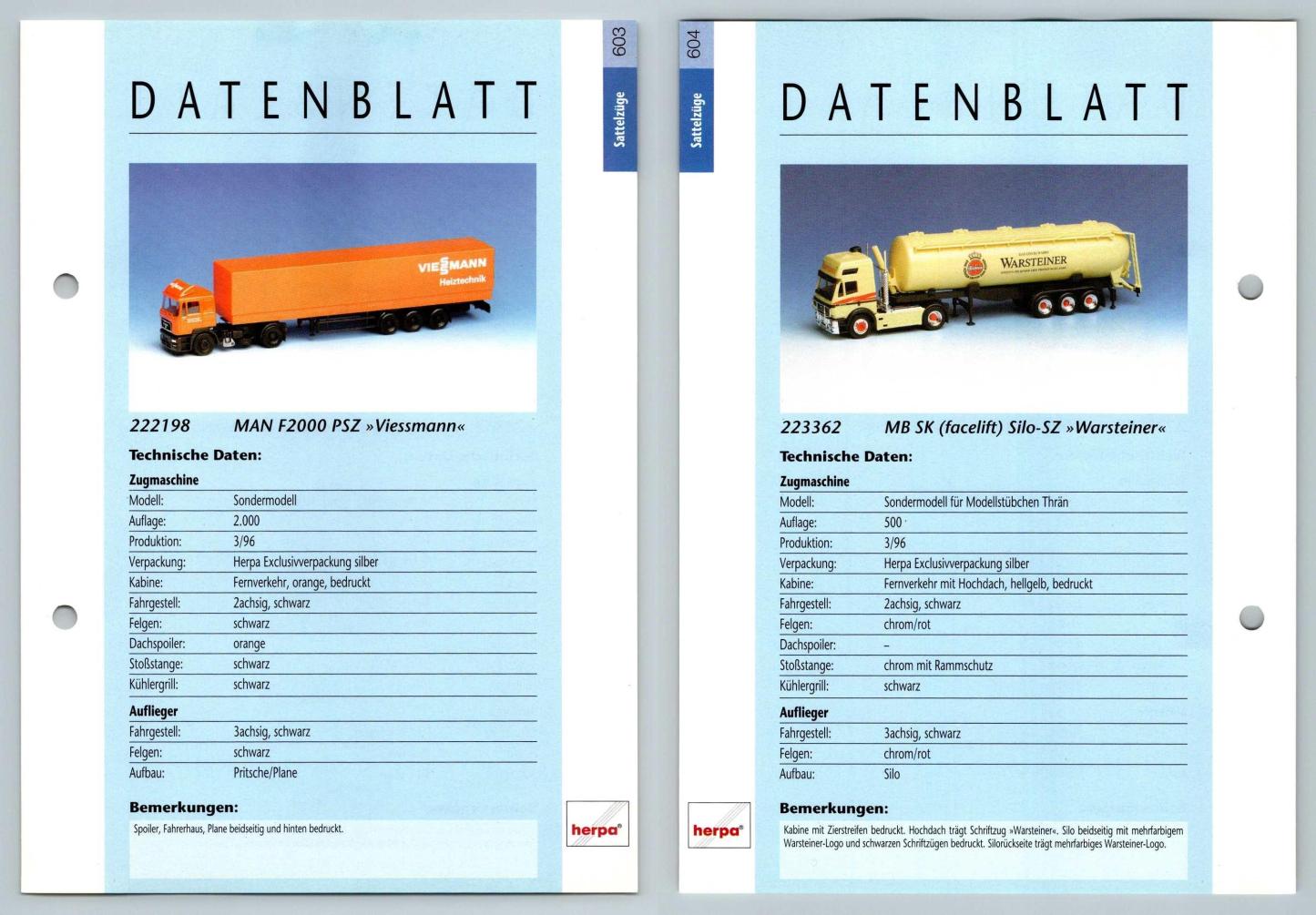 MAN F2000 PSZ / MB SK Silo #603/4 Sattelzuge - Herpa Data Sheet-Breakoutcards