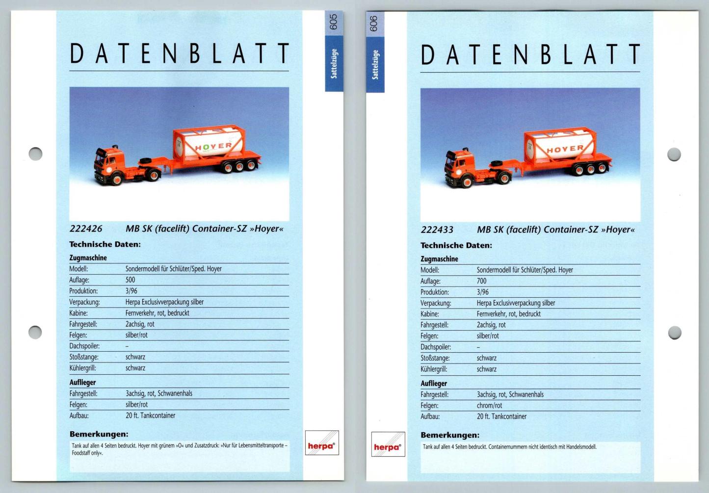 MB SK Container Facelift Hoyer #605/6 Sattelzuge - Herpa Data Sheet-Breakoutcards