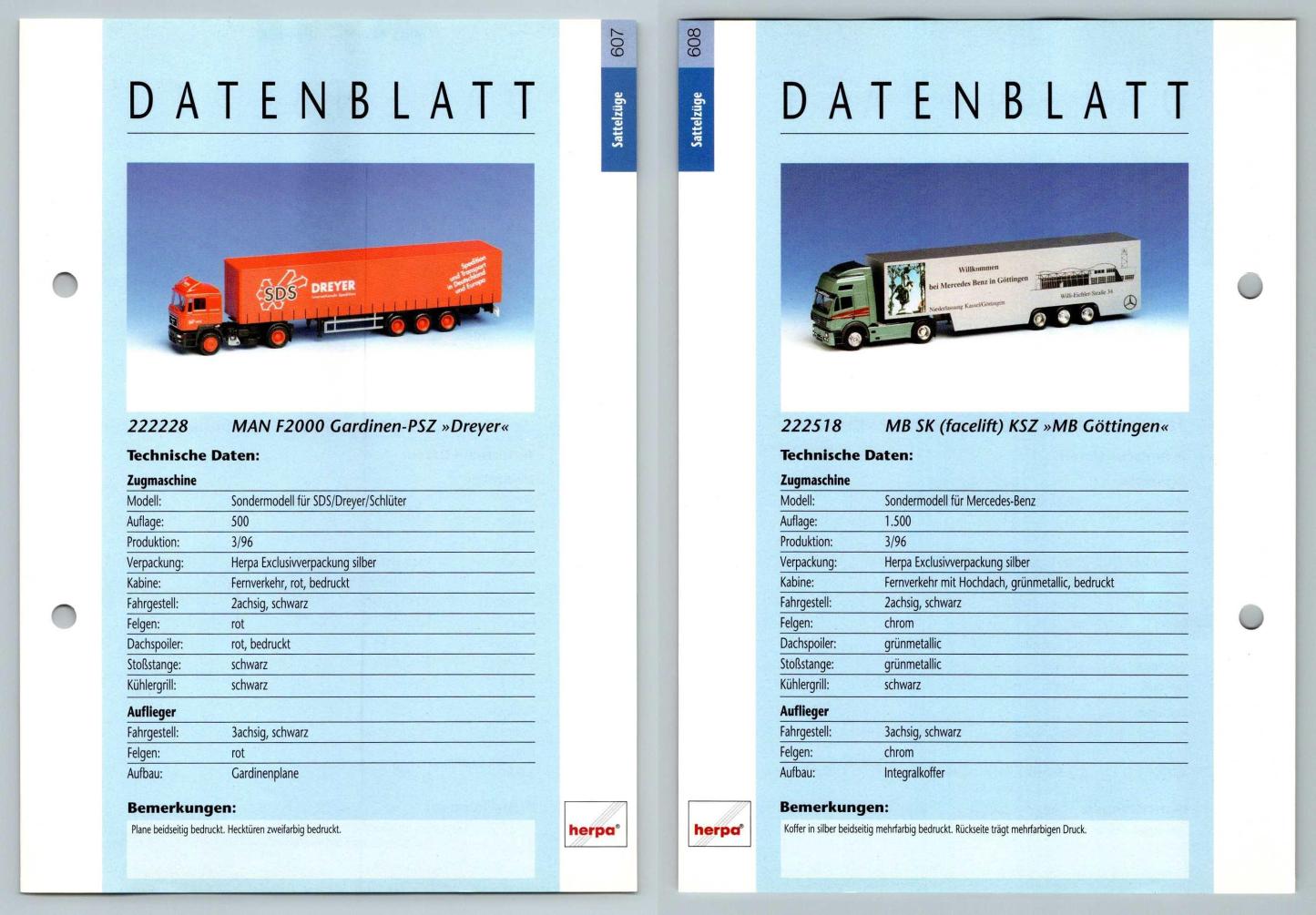 MAN F2000 Gardinen / MB SK Facelift KSZ #607/8 Sattelzuge - Herpa Data Sheet-Breakoutcards