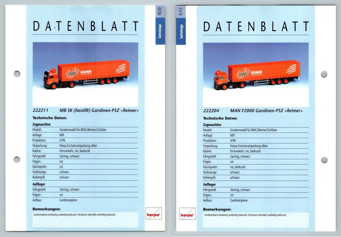 MB SK Gardinen  PSZ #609/10 Sattelzuge - Herpa Data Sheet-Breakoutcards