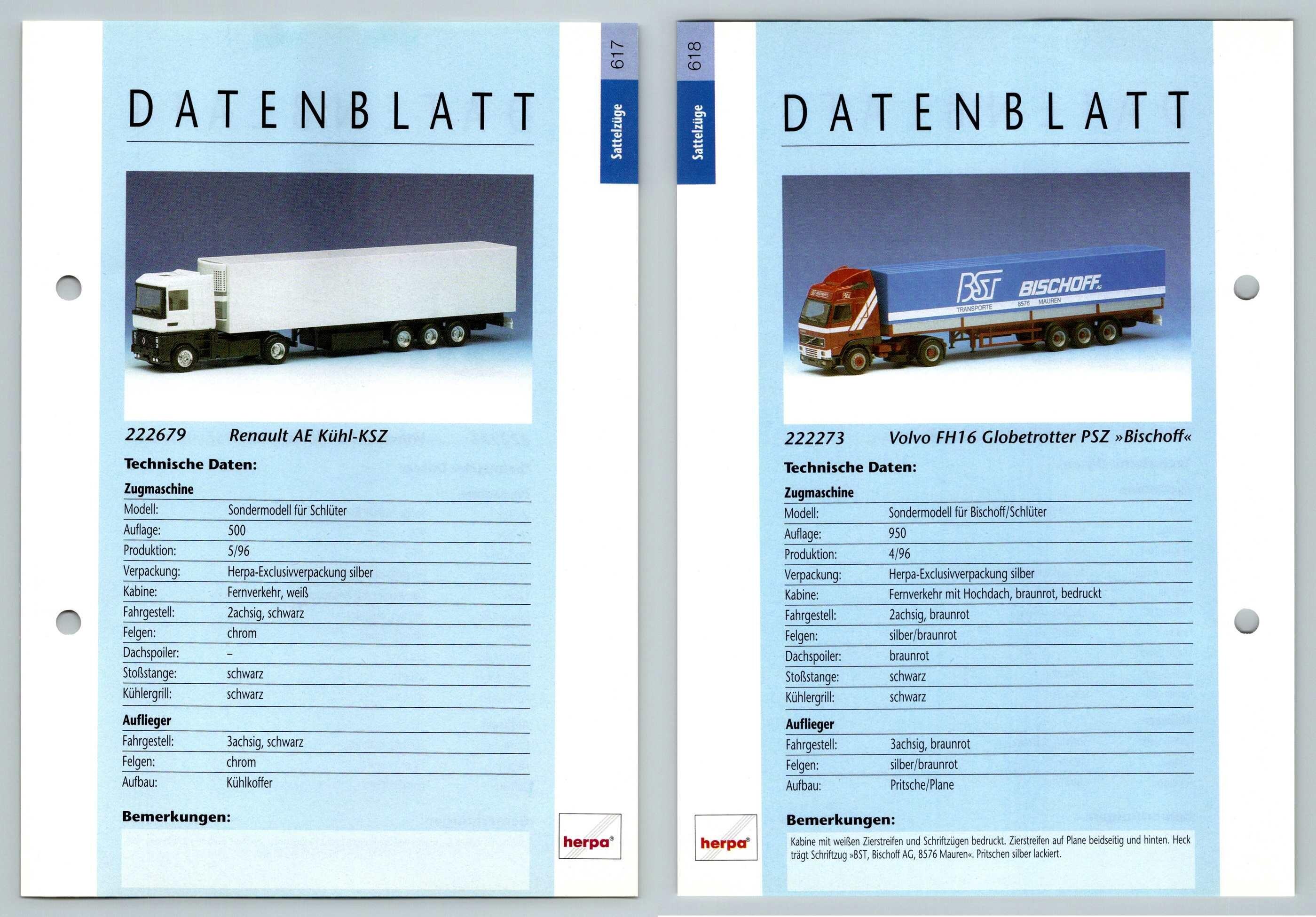 Renault AE Kuhl / Volvo FH16 #617/8 Sattelzuge - Herpa Data Sheet-Breakoutcards