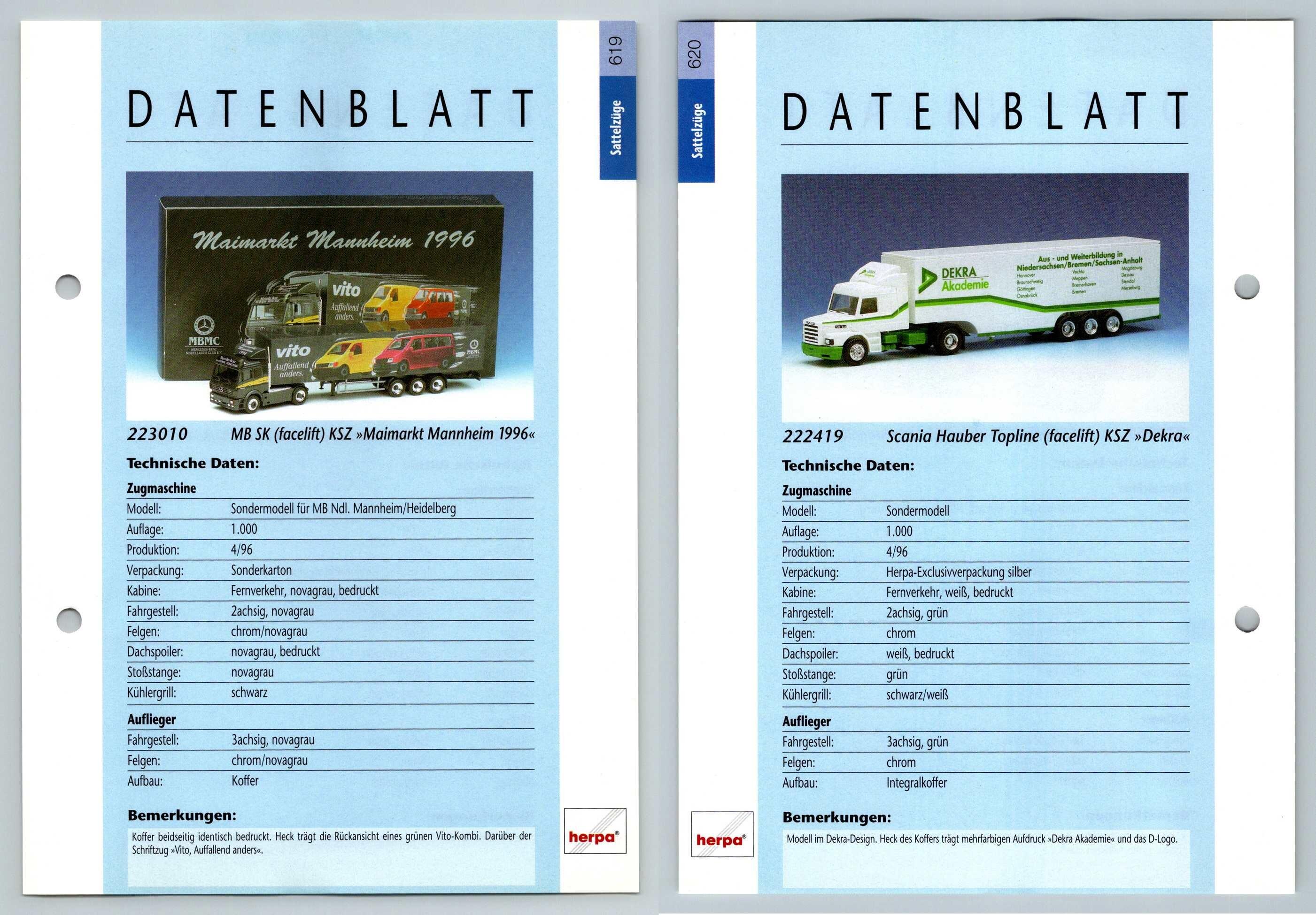 MB SK Facelift / Scania Topline #619/20 Sattelzuge - Herpa Data Sheet-Breakoutcards
