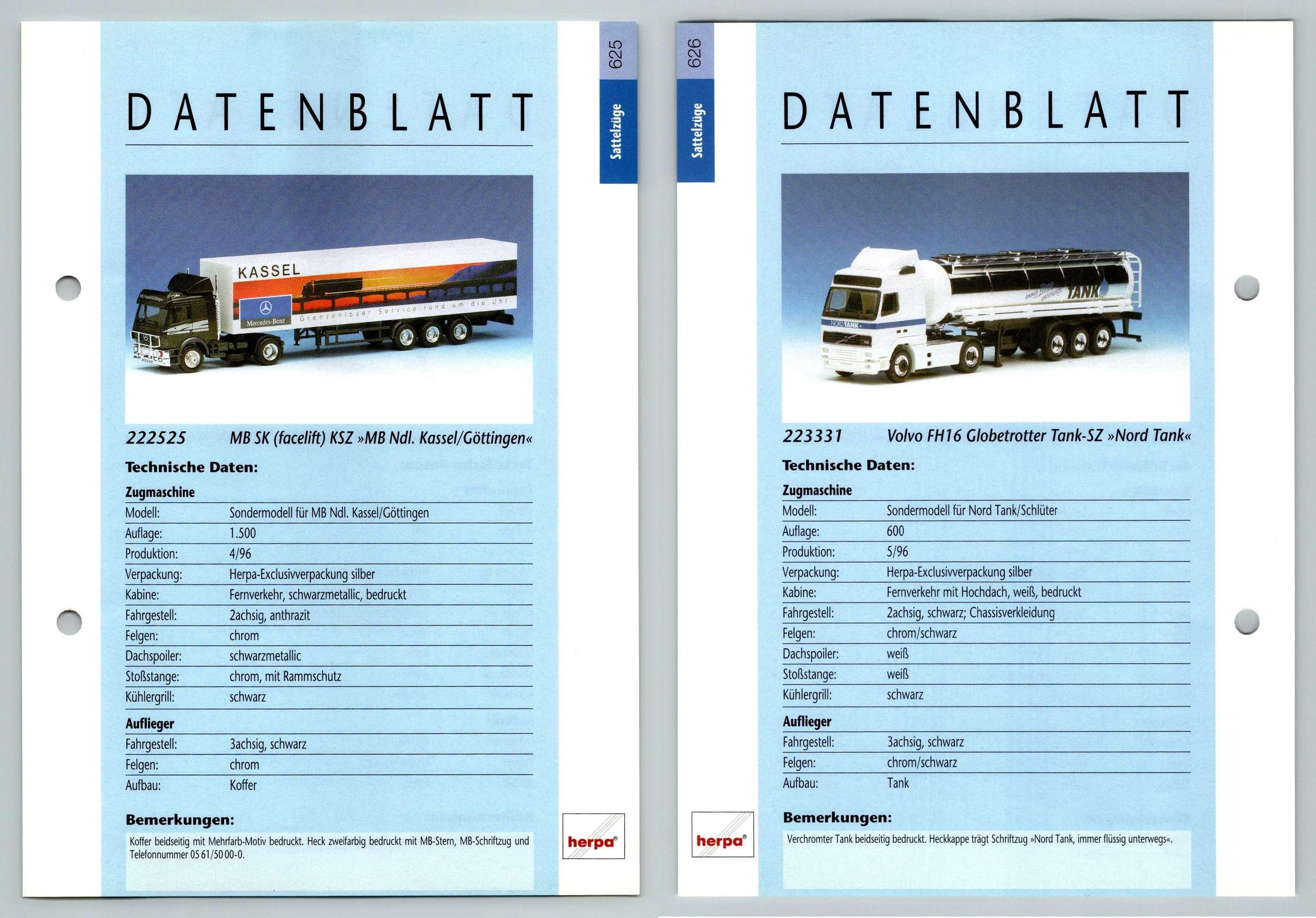MB SK Facelift KSZ / Volvo FH16 #625/6 Sattelzuge - Herpa Data Sheet-Breakoutcards