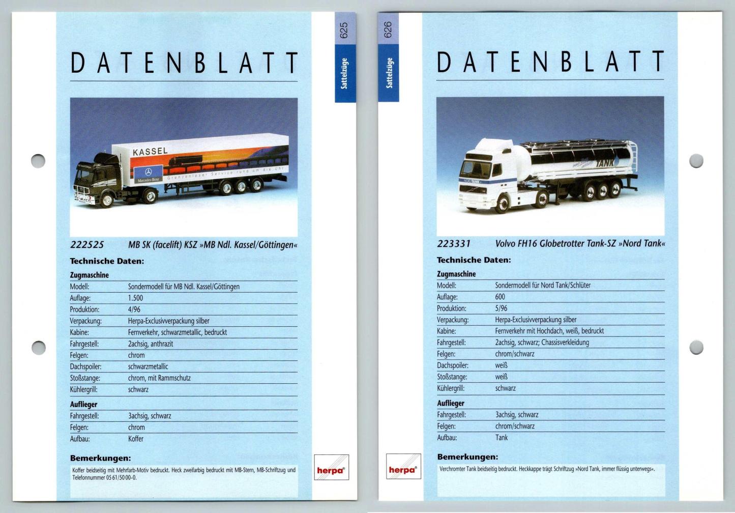 MB SK Facelift KSZ / Volvo FH16 #625/6 Sattelzuge - Herpa Data Sheet-Breakoutcards