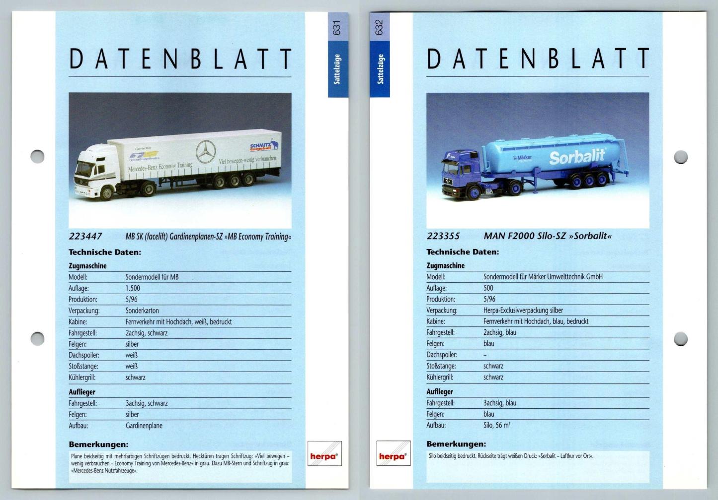 MB SK Gardinenplanen / MAN F2000 Silo #631/2 Sattelzuge - Herpa Data Sheet-Breakoutcards