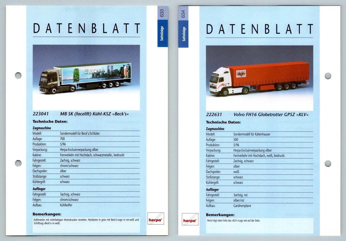 MB SK Kuhl / Volvo FH16 #633/4 Sattelzuge - Herpa Data Sheet-Breakoutcards