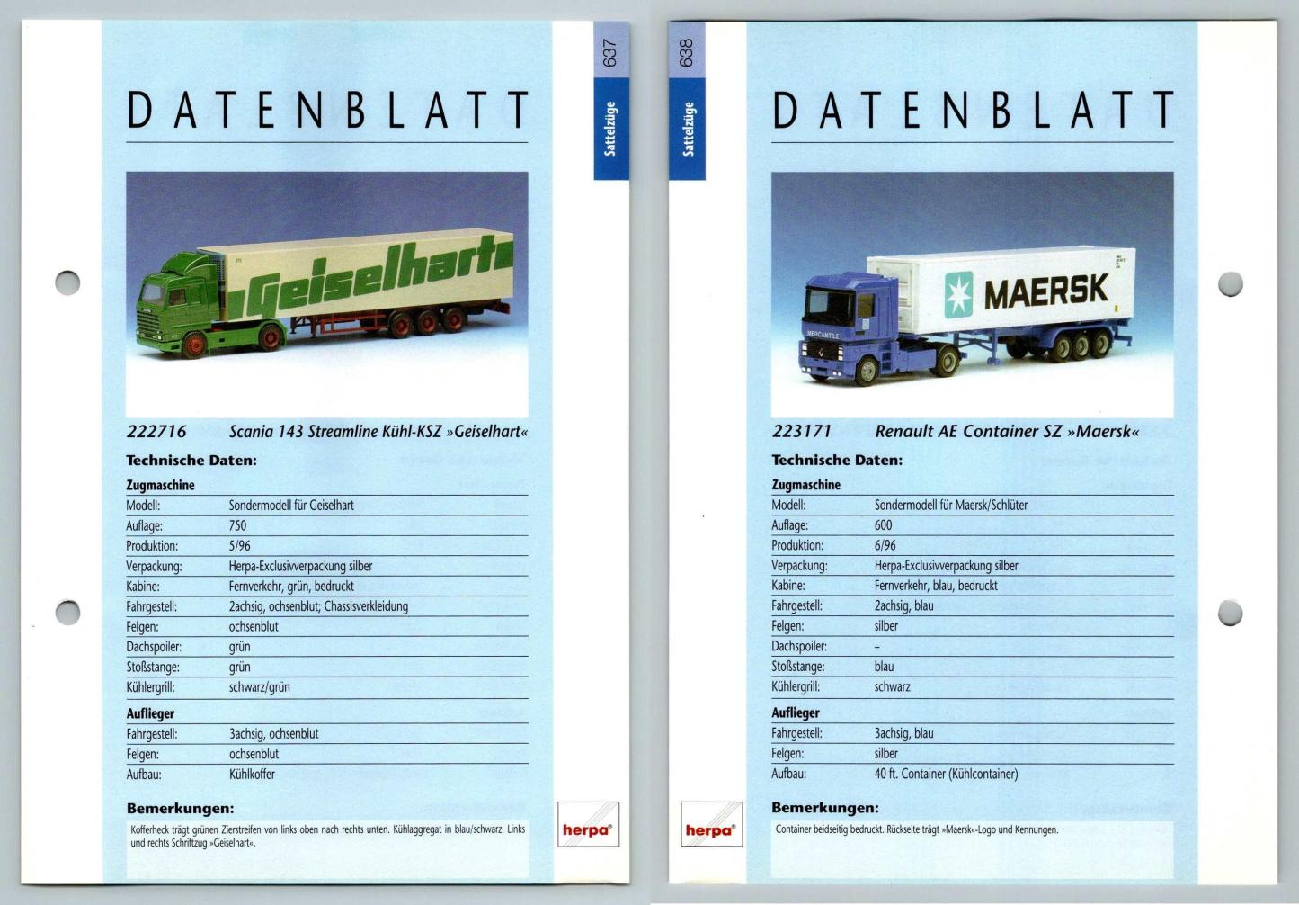 Scania 143 Streamline / Renault AE #637/8 Sattelzuge - Herpa Data Sheet-Breakoutcards
