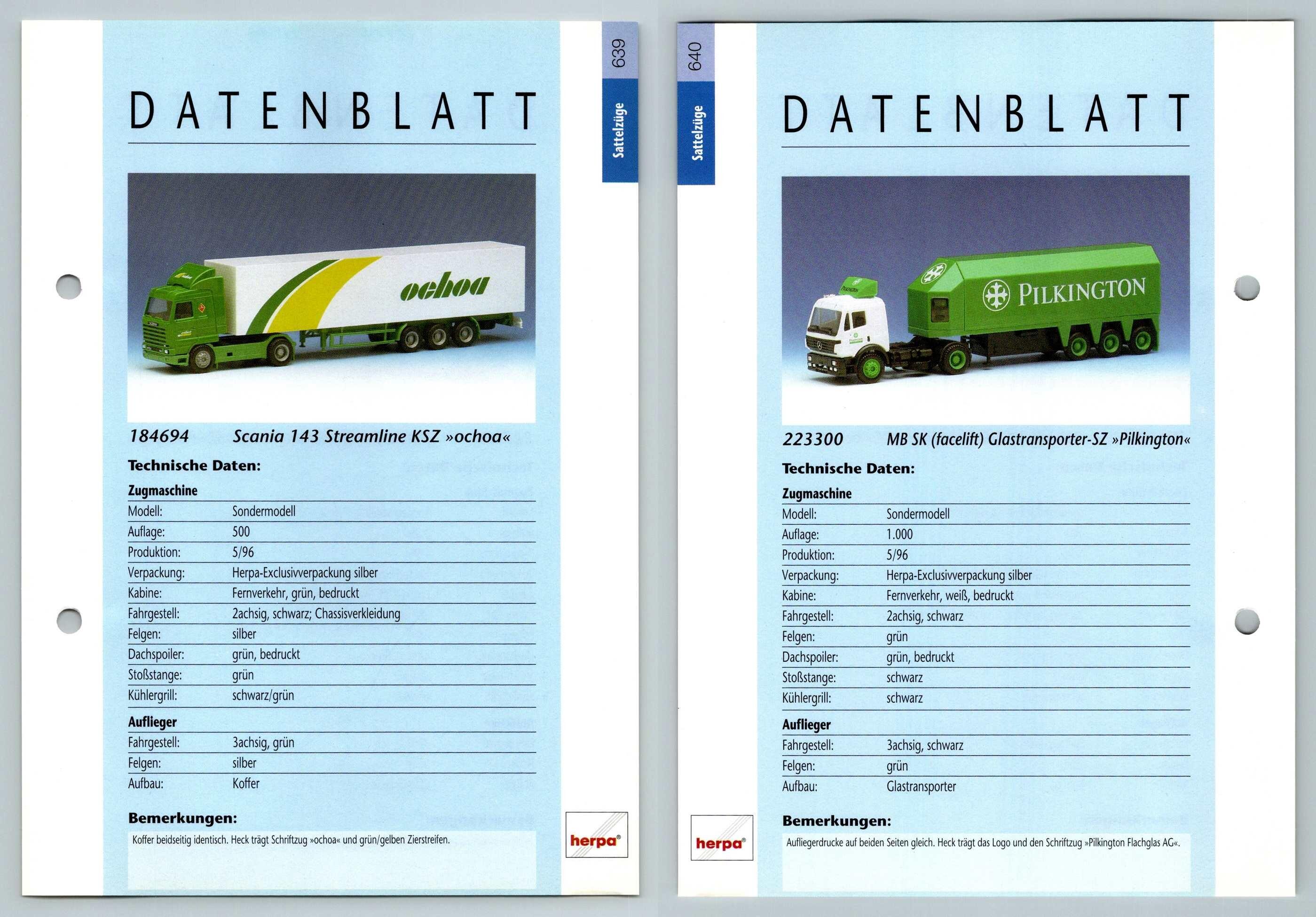 Scania 143 / MB SK Glastransporter #639/40 Sattelzuge - Herpa Data Sheet-Breakoutcards
