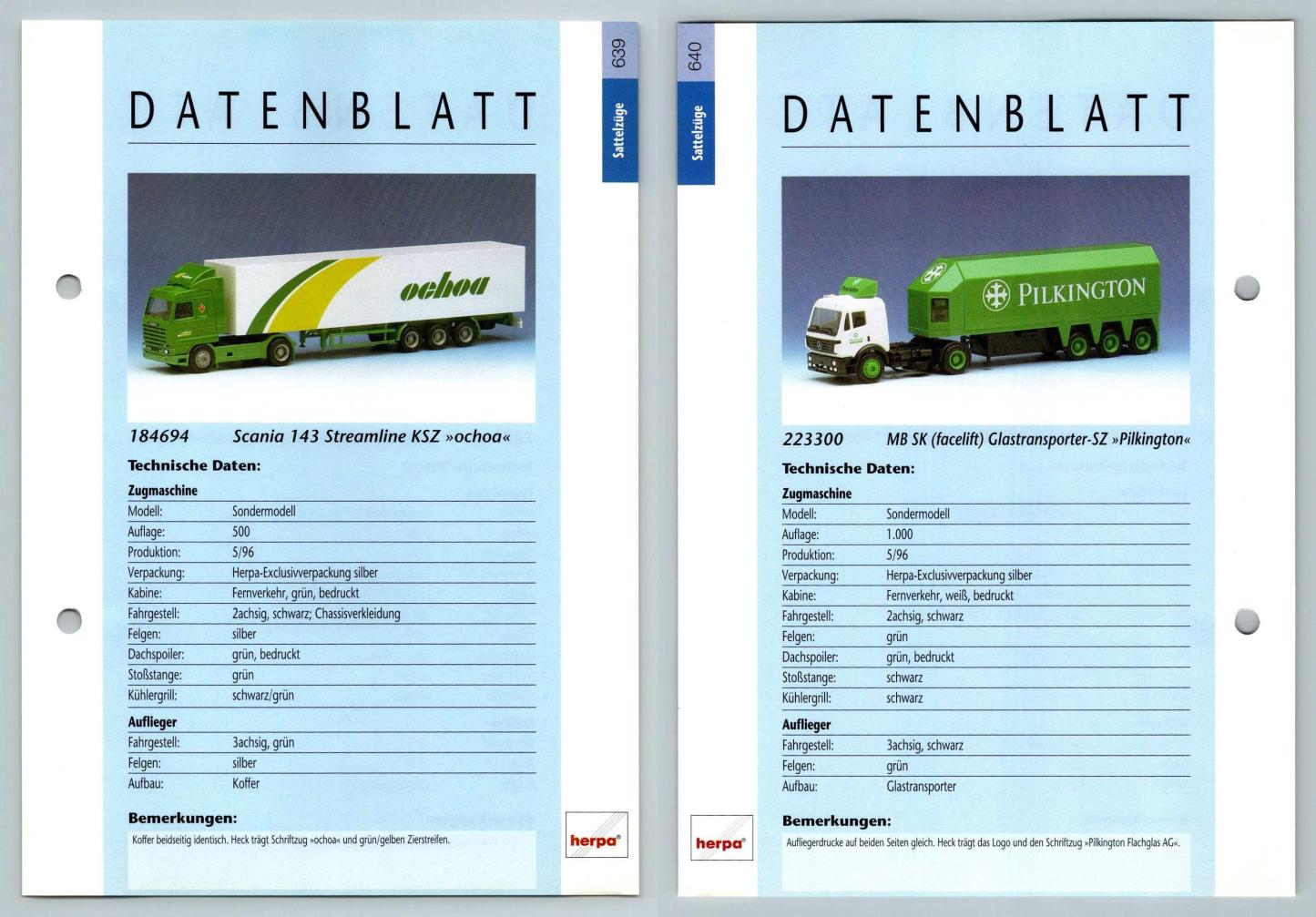 Scania 143 / MB SK Glastransporter #639/40 Sattelzuge - Herpa Data Sheet-Breakoutcards