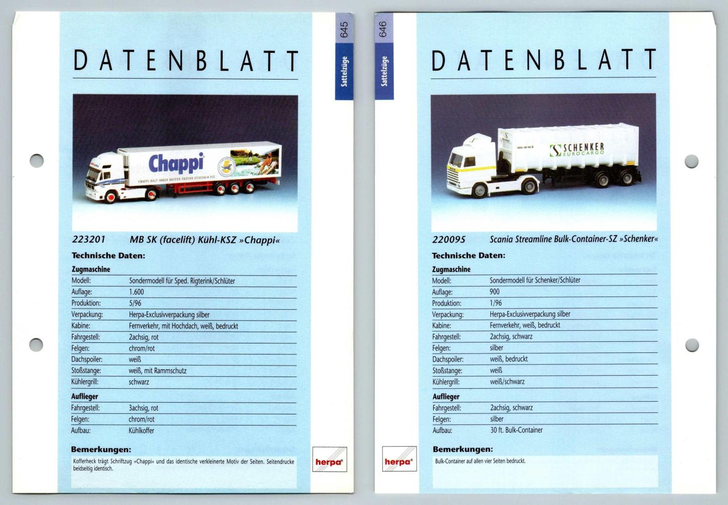 MB SK Kuhl / Scania Streamline Bulk #645/6 Sattelzuge - Herpa Data Sheet-Breakoutcards