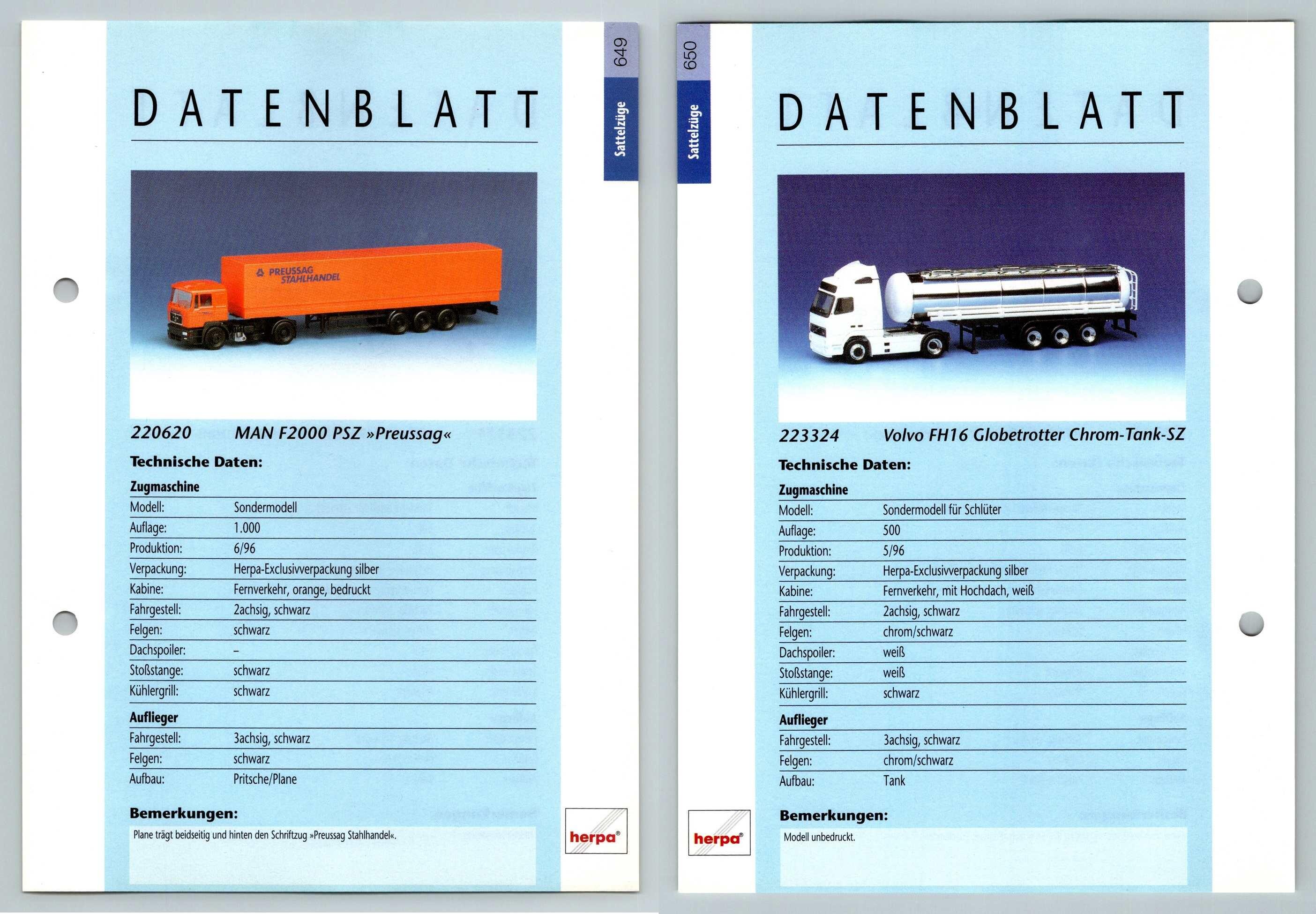 MAN F2000 PSZ / Volvo FH16 #649/50 Sattelzuge - Herpa Data Sheet-Breakoutcards