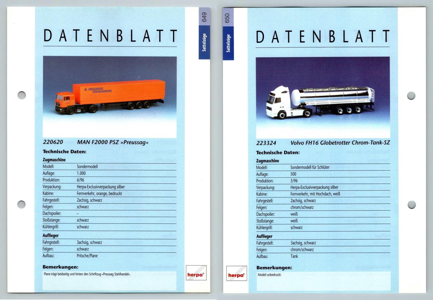MAN F2000 PSZ / Volvo FH16 #649/50 Sattelzuge - Herpa Data Sheet-Breakoutcards