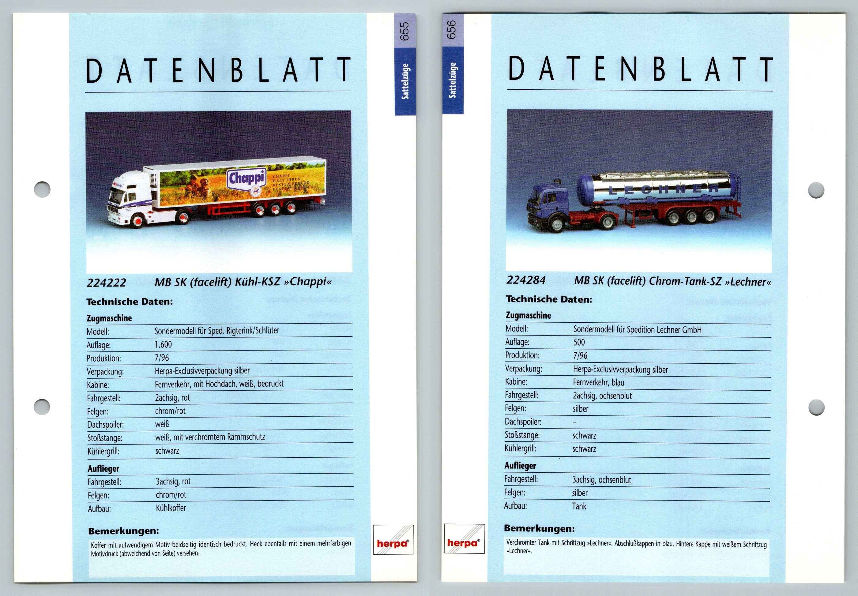 MB SK Kuhl / Tank SZ #655/6 Sattelzuge - Herpa Data Sheet-Breakoutcards