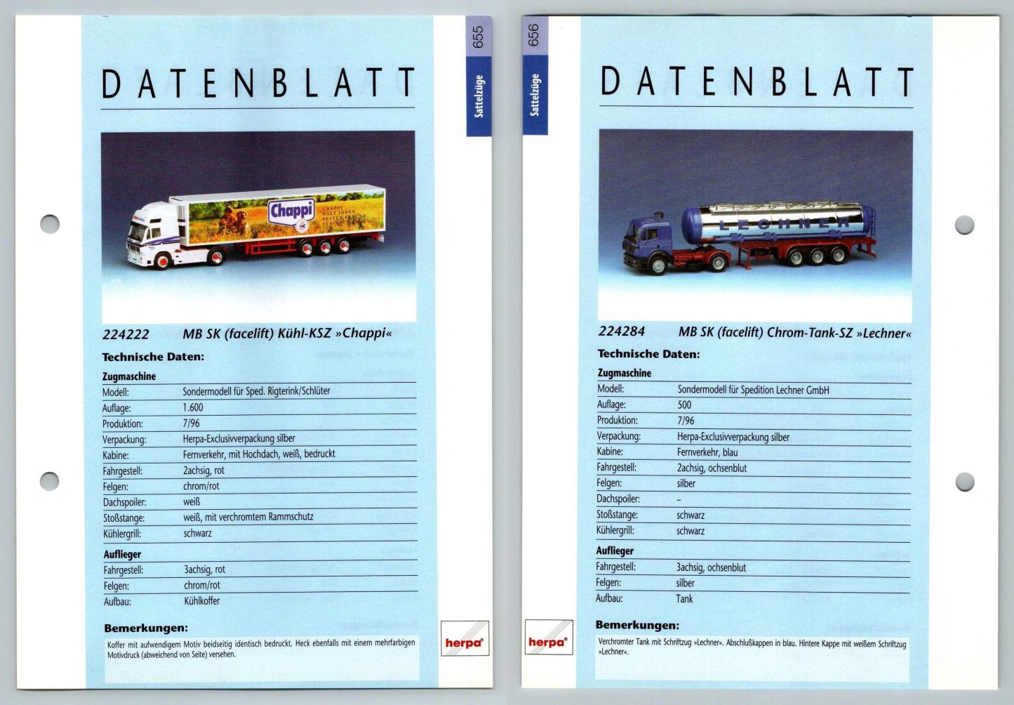 MB SK Kuhl / Tank SZ #655/6 Sattelzuge - Herpa Data Sheet-Breakoutcards