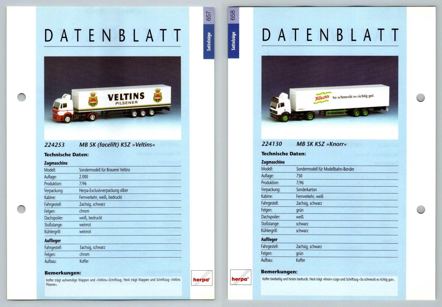MB SK KSZ Veltins / Knorr #657/8 Sattelzuge - Herpa Data Sheet-Breakoutcards