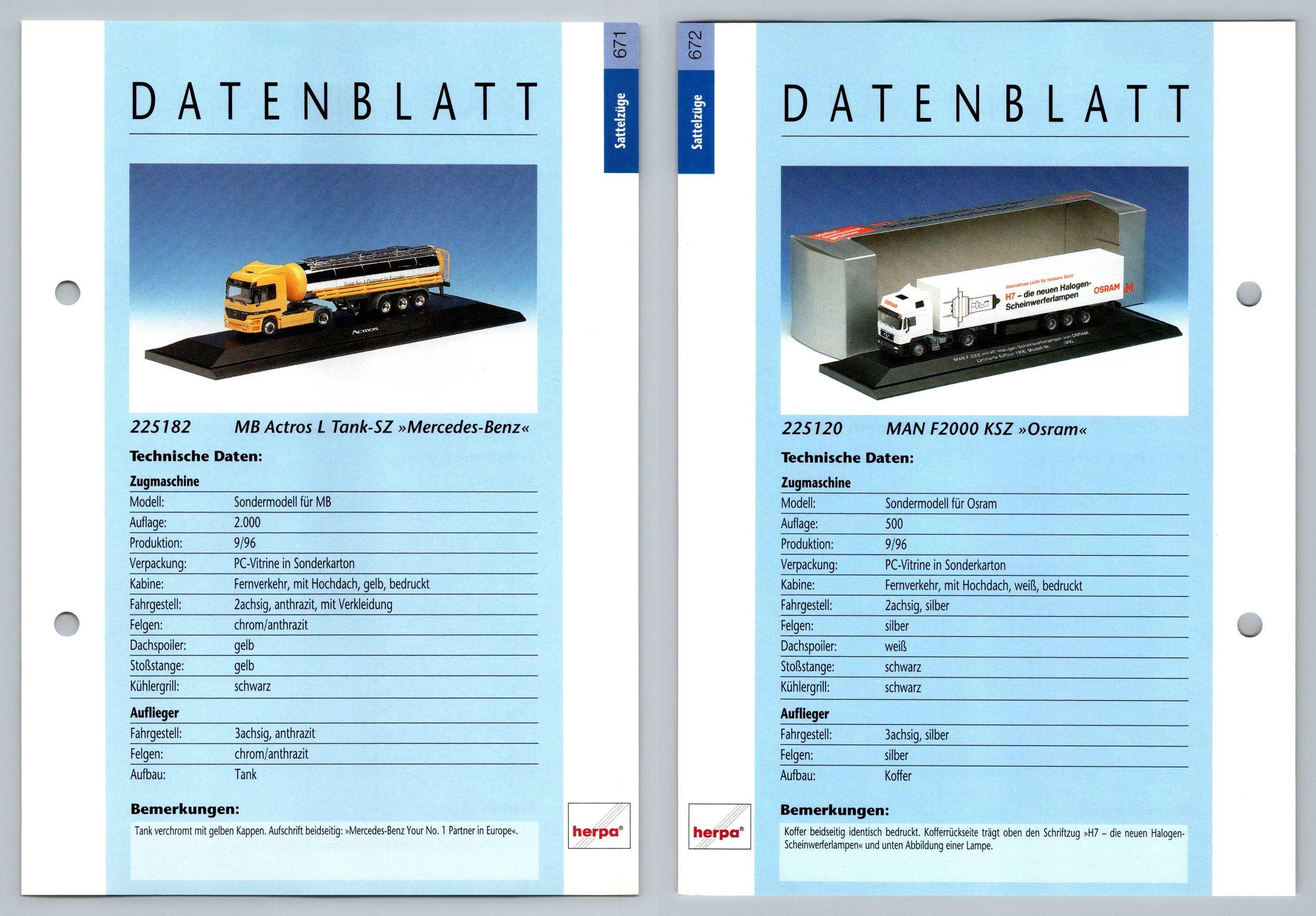 MB Actros L / MAN F2000 #671/2 Sattelzuge - Herpa Data Sheet-Breakoutcards