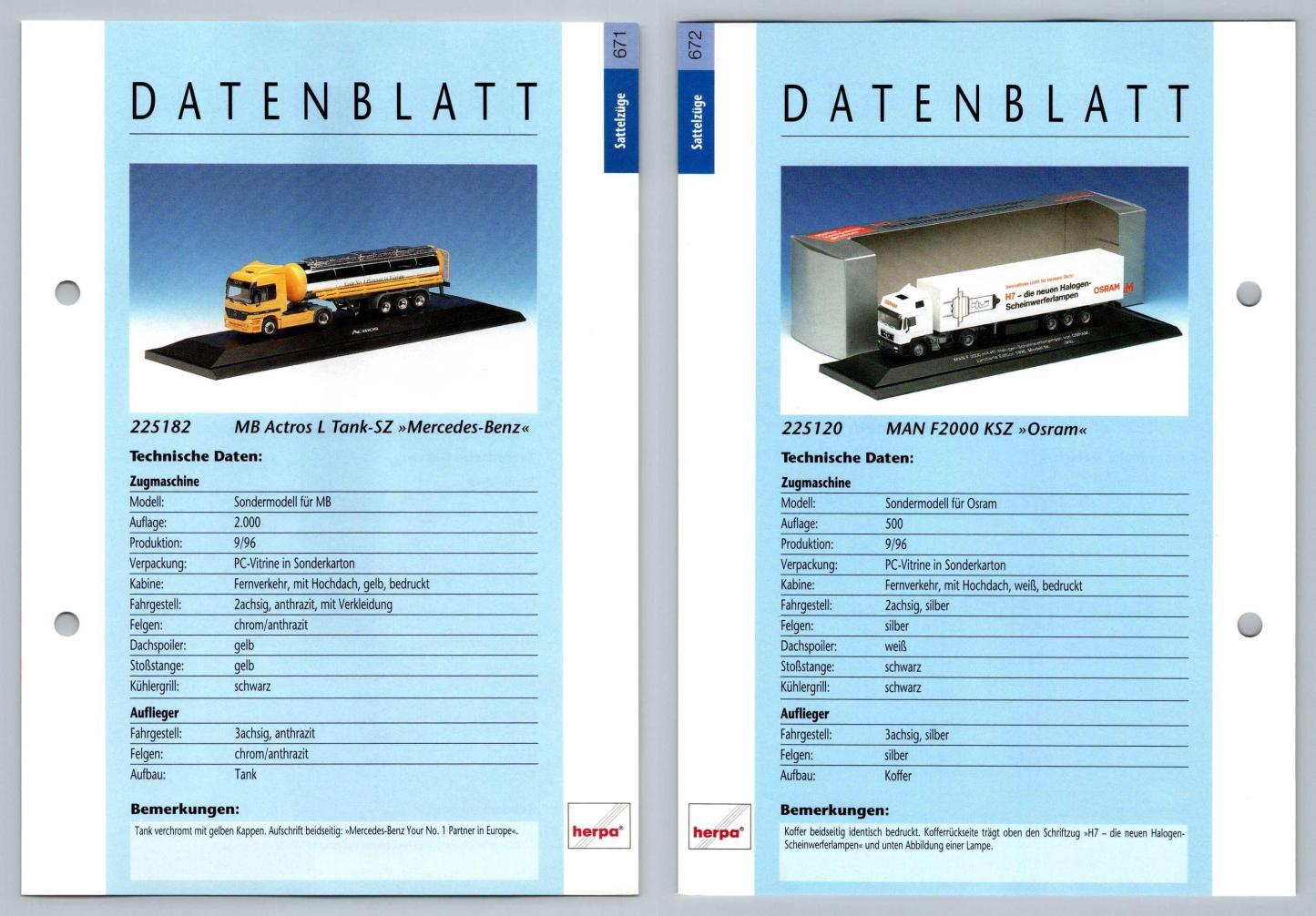 MB Actros L / MAN F2000 #671/2 Sattelzuge - Herpa Data Sheet-Breakoutcards