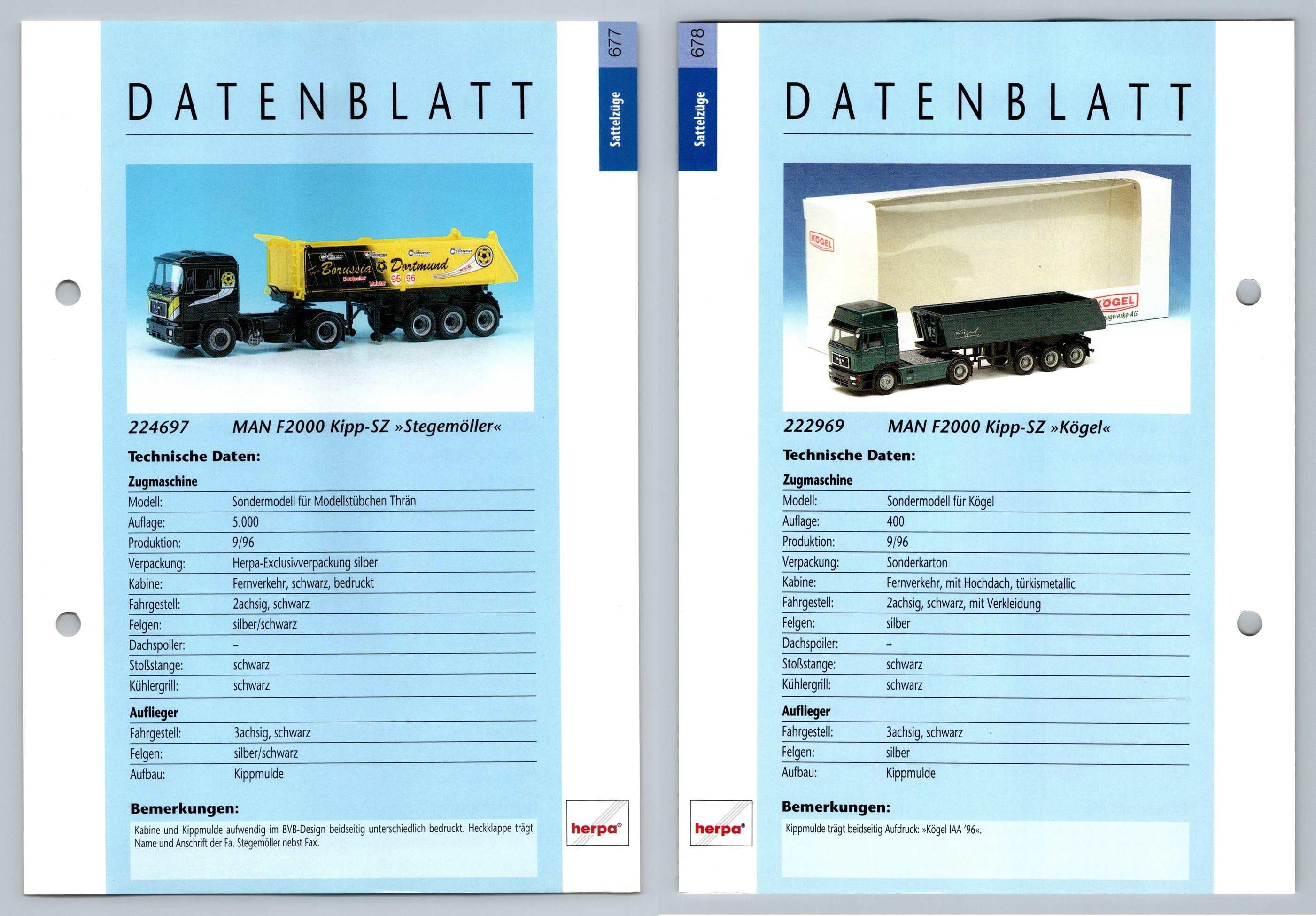 MAN F2000 Kipp Stegemoller / Kogel #677/8 Sattelzuge - Herpa Data Sheet-Breakoutcards