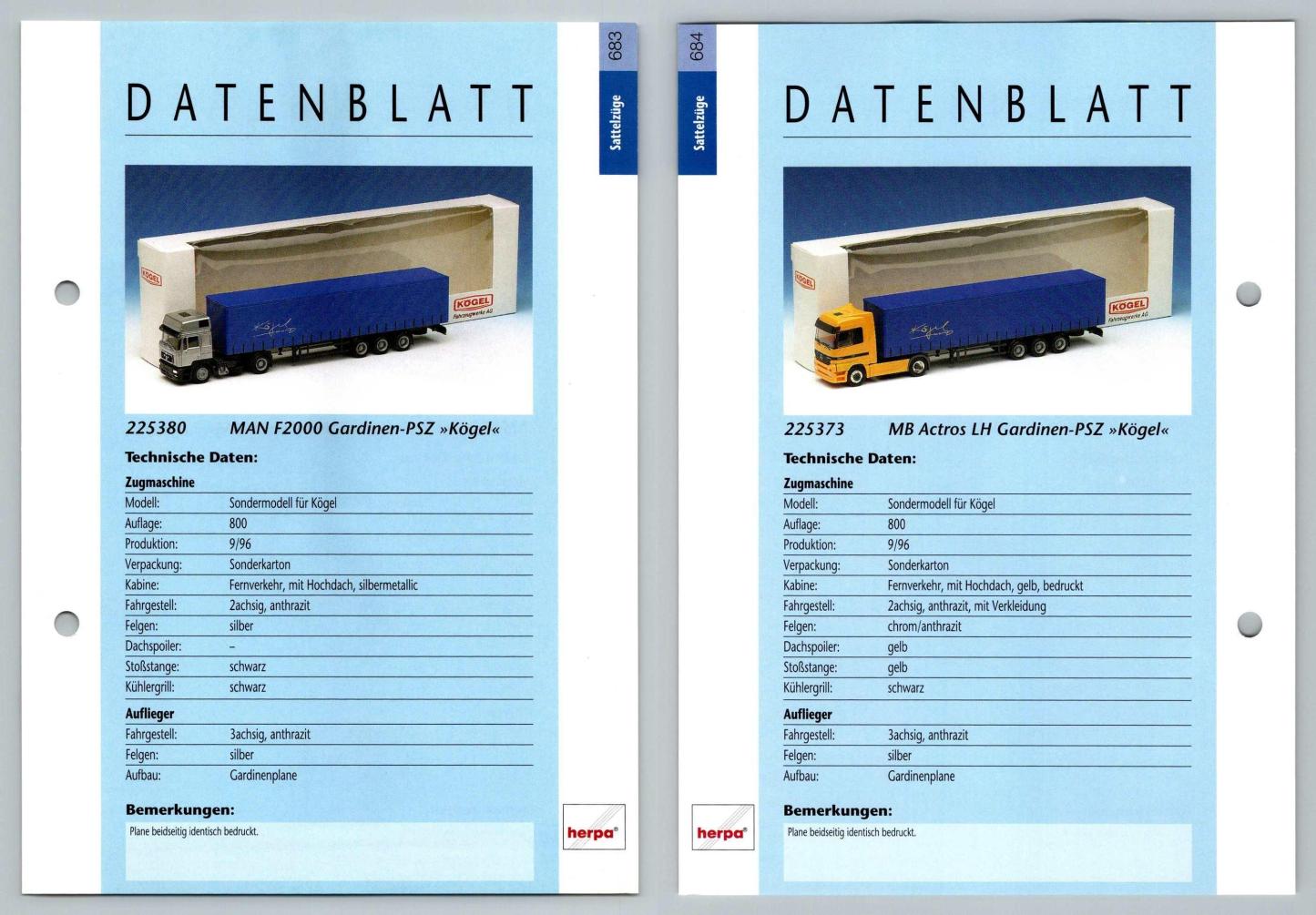 MAN F2000 / MB Actros LH #683/4 Sattelzuge - Herpa Data Sheet-Breakoutcards
