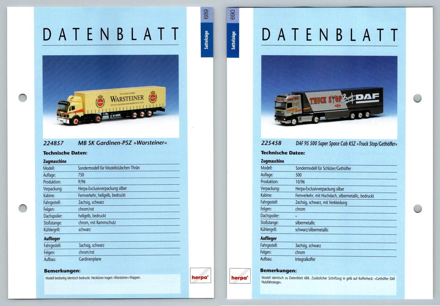 MB SK Gardinen / DAF 95 500 #689/90 Sattelzuge - Herpa Data Sheet-Breakoutcards