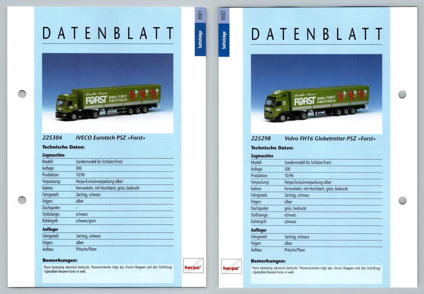 IVECO Eurotech / Volvo FH16 #691/2 Sattelzuge - Herpa Data Sheet-Breakoutcards