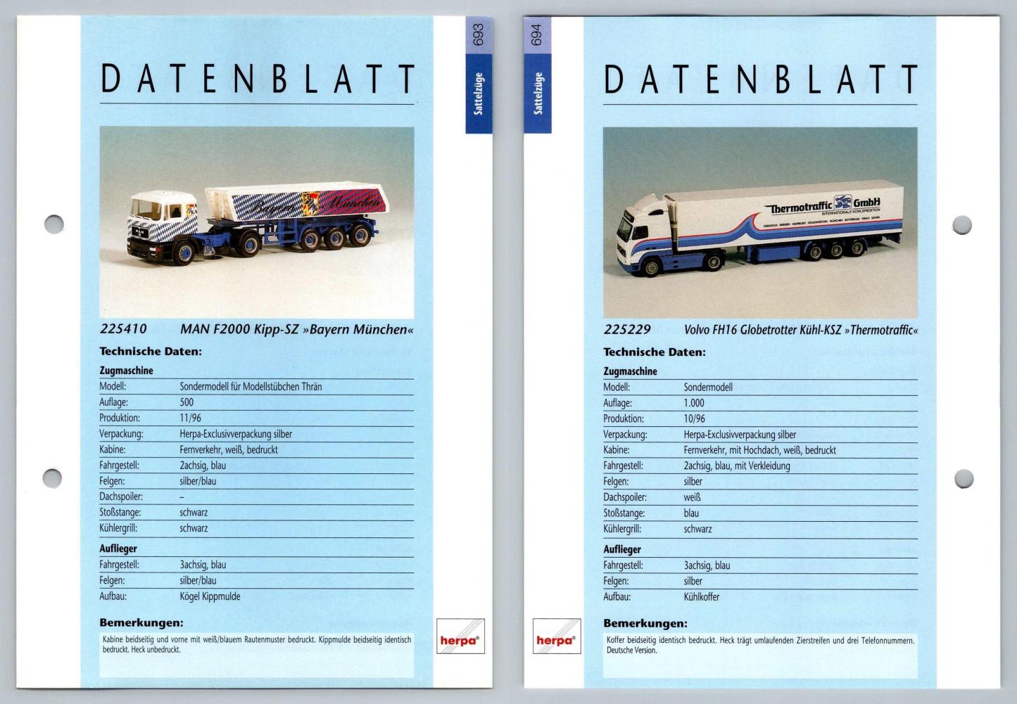MAN F2000 Kipp / Volvo FH16 #693/4 Sattelzuge - Herpa Data Sheet-Breakoutcards