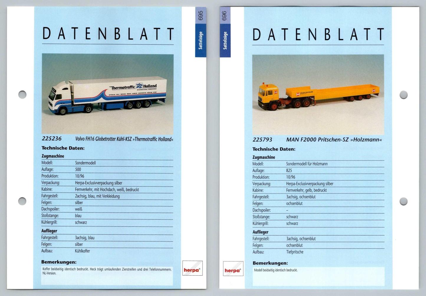 Volvo FH16 / MN F2000 #695/6 Sattelzuge - Herpa Data Sheet-Breakoutcards