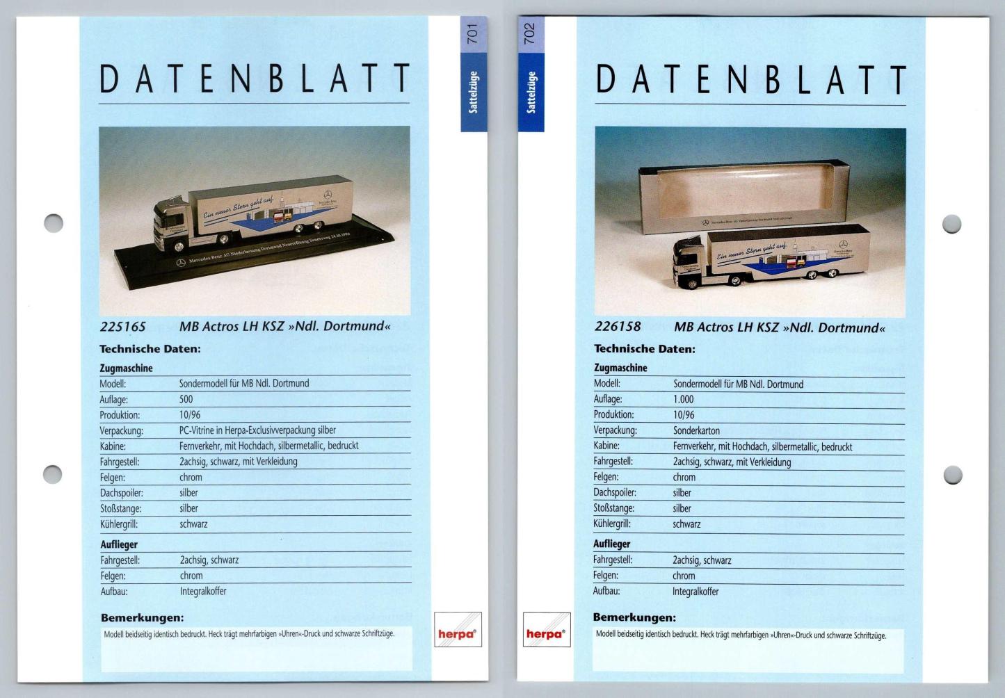 MB Actros LH Ndl Dortmund #701/2 Sattelzuge - Herpa Data Sheet-Breakoutcards