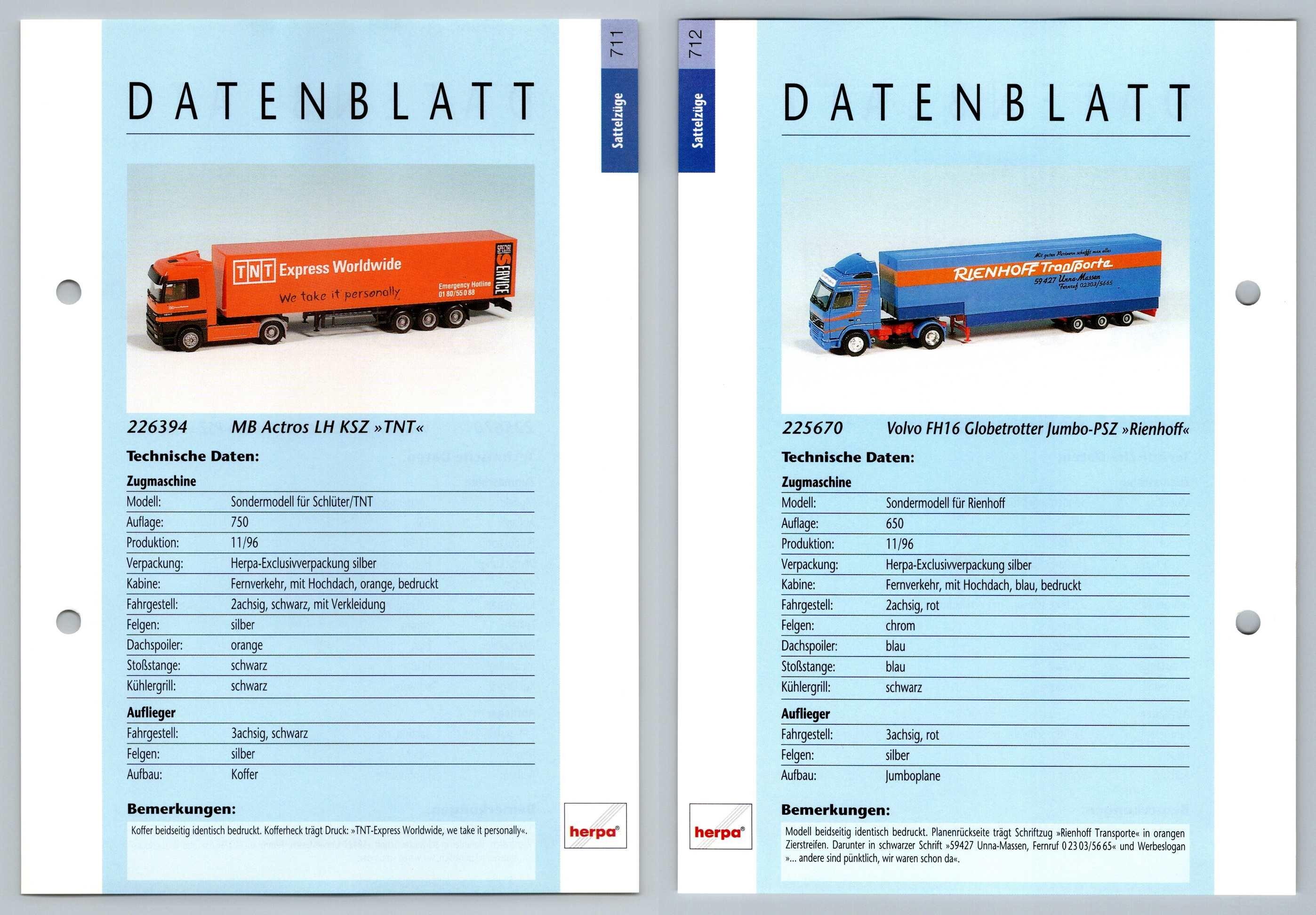 MB Actros LH / Volvo FH16 #711/2 Sattelzuge - Herpa Data Sheet-Breakoutcards