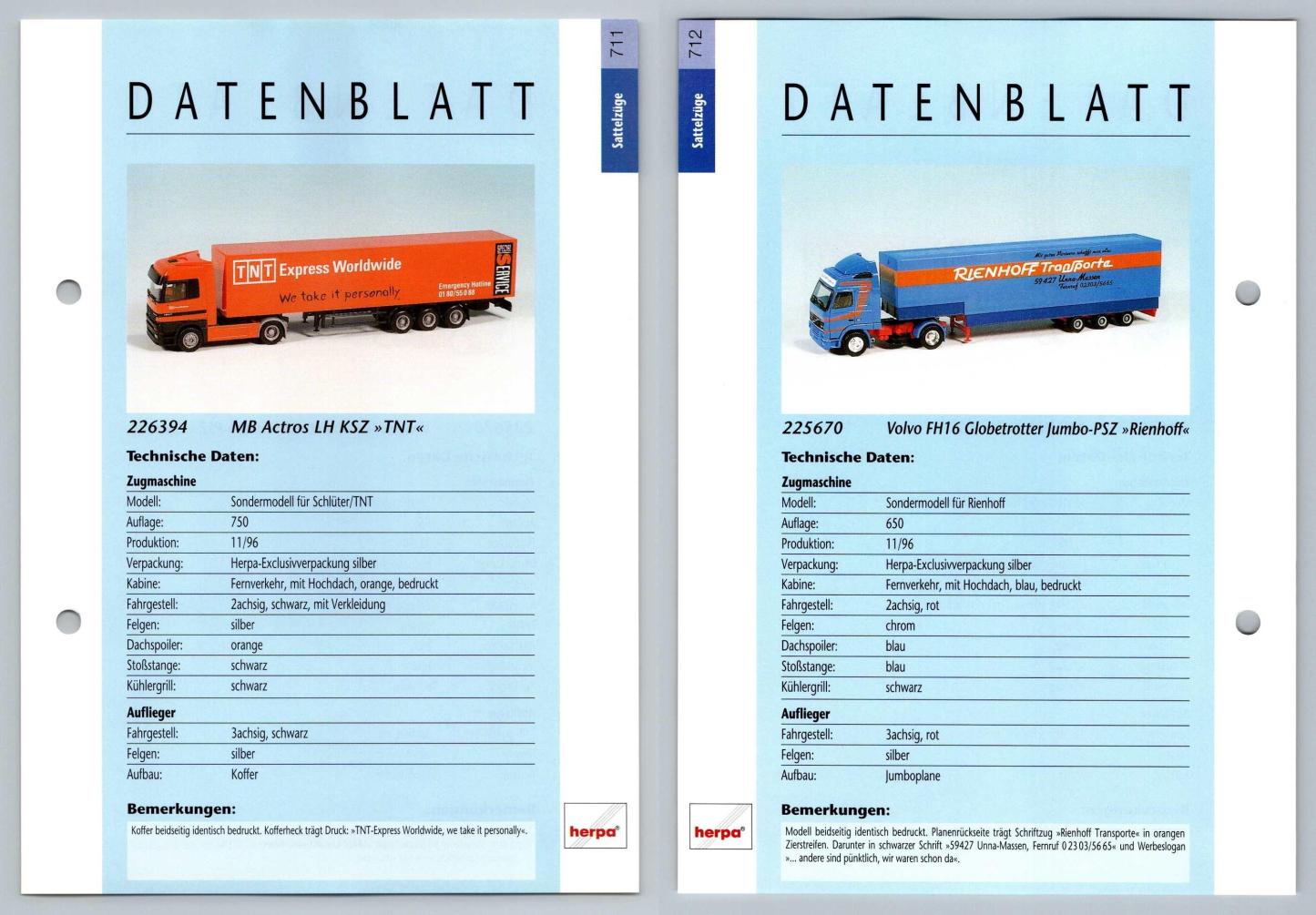MB Actros LH / Volvo FH16 #711/2 Sattelzuge - Herpa Data Sheet-Breakoutcards