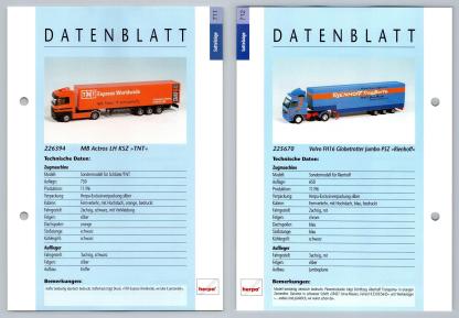 MB Actros LH / Volvo FH16 #711/2 Sattelzuge - Herpa Data Sheet-Breakoutcards
